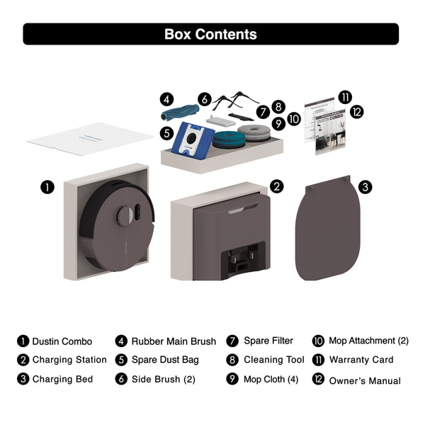 Dustin Plus/Combo Auto-Empty Robot Vacuum and Mop, 8000 Pa, Charcoal Odor Filtration, 100-Day Dock